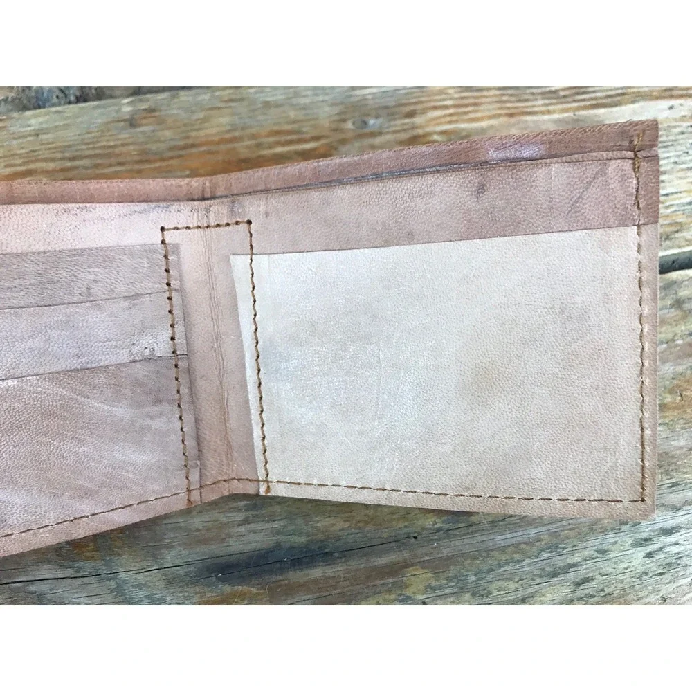 Vintage Handmade Hand Tooled Embossed Brown Leather Wallet Camel